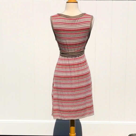 Max Studio Striped Summer Sleeveless Khaki Tan Cream and Coral Dress Size Medium - Picture 6 of 13